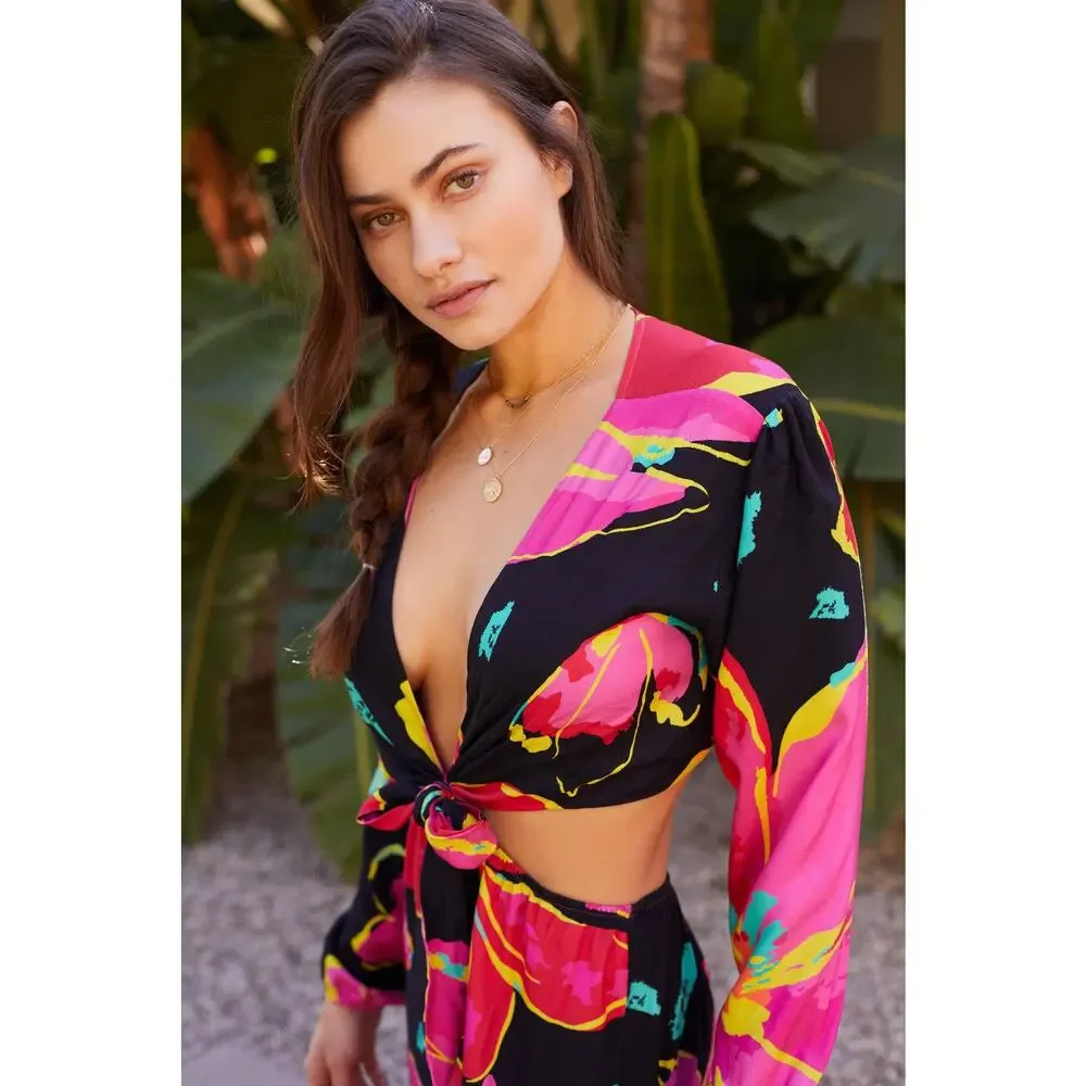 New Maaji Pink Floral Long Sleeve Cut-Out Jumpsuit - Size Small - Picture 3 of 7